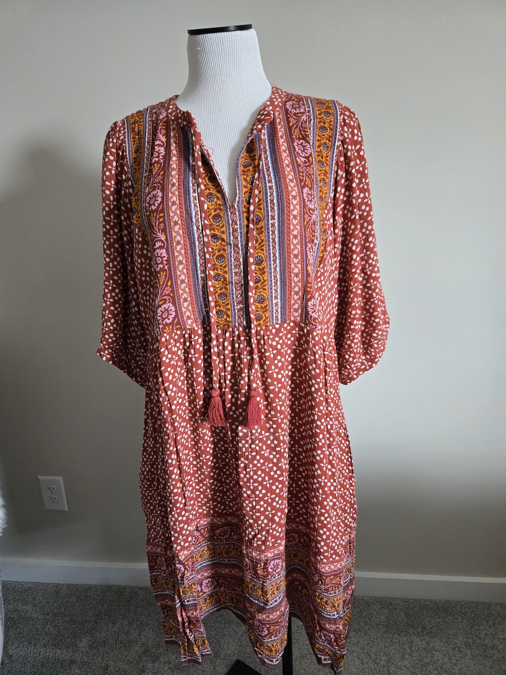 Knox Rose Rust Red and White Dotted Boho Top